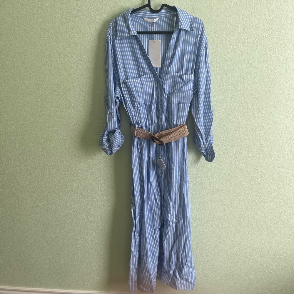 Zara Belted Linen Midi Shirt Dress V-Neck Tab Sleeve Striped Blue White Size XL - Picture 4 of 11